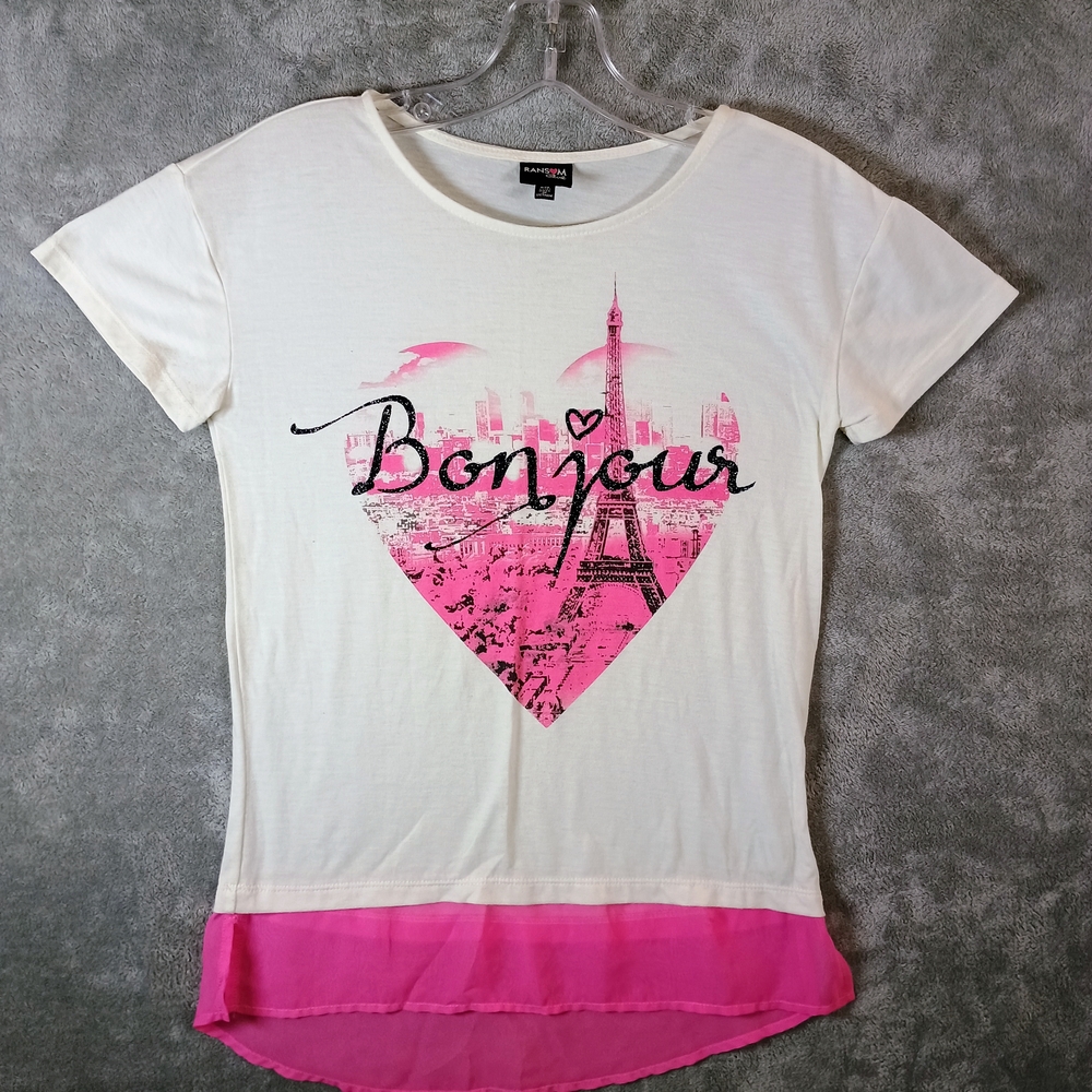 Pink and White Bonjour Graphic Tee Girls 14